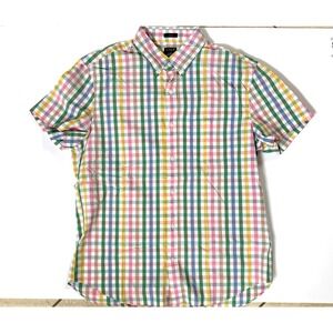 J.Crew Flex Washed Slim Fit‎ Shirt Mens Large Short Sleeve Rainbow Gingham Plaid